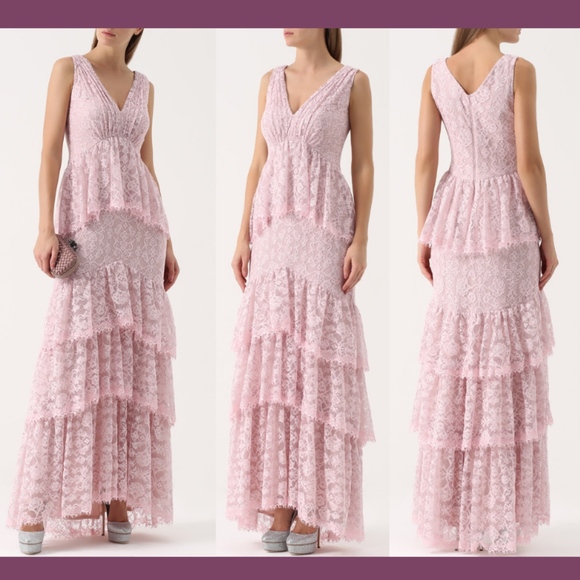 NEW $748 Tadashi Shoji‎ Marquis Lace Ruffle V-Neck Gown in Rosea [SZ 00 ] - Picture 1 of 8